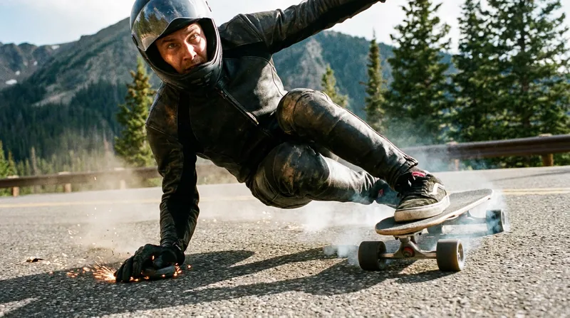 Riders use glove-down slides to safely shed speed before navigating sharp mountain hairpins.
