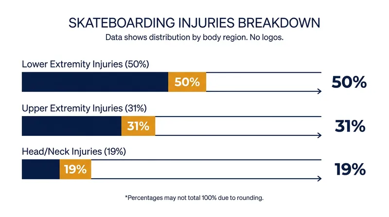 While wrist fractures are common, lower-extremity trauma accounts for roughly half of all severe skateboarding injuries.