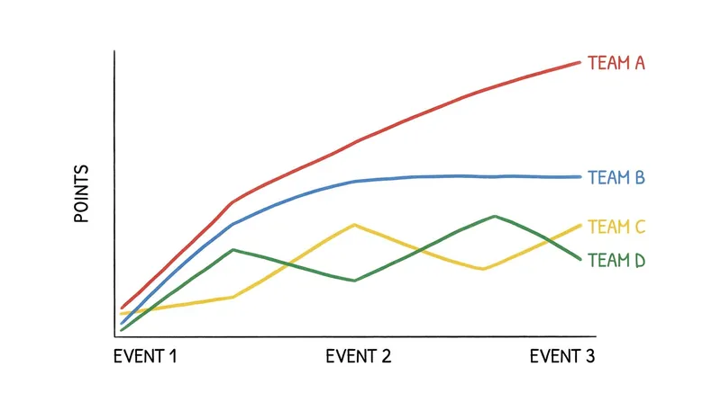 Points progression highlights the Roadrunners' steady climb to the top of the leaderboard.