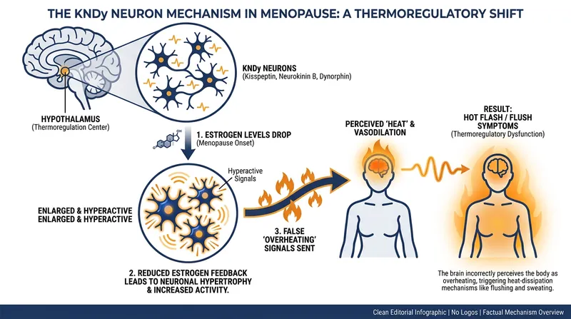 How dropping estrogen levels trigger hyperactive KNDy neurons, causing vasomotor symptoms.