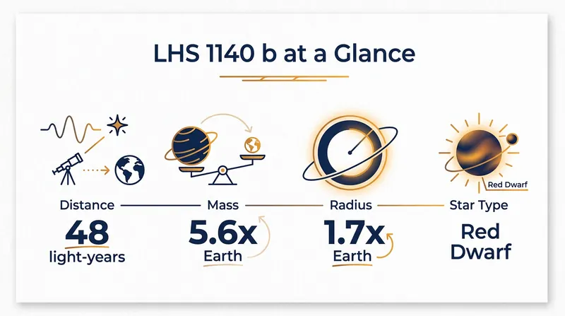 Key statistics for the newly characterized exoplanet LHS 1140 b.