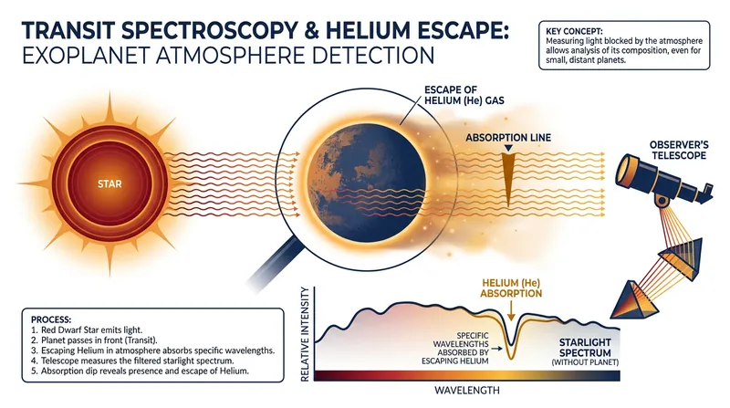 How astronomers use transit spectroscopy to detect escaping atmospheric gases.
