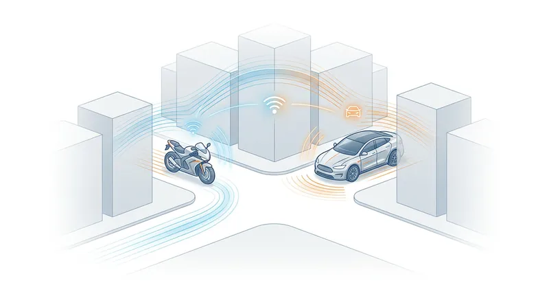 Vehicle-to-Vehicle (V2V) communication allows motorcycles to 'see' hazards before they enter the radar's line of sight.