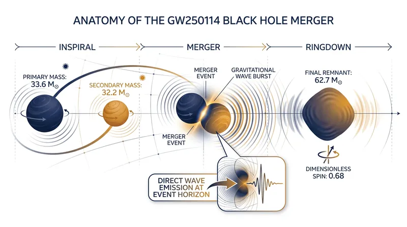 The GW250114 merger produced a remnant black hole of 62.7 solar masses, emitting a faint direct wave from its event horizon.