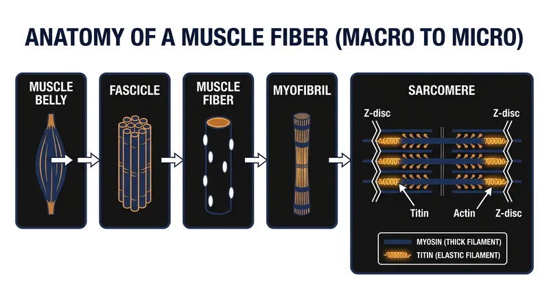 The structural hierarchy of a muscle, showing where the titin mechanosensor is located.