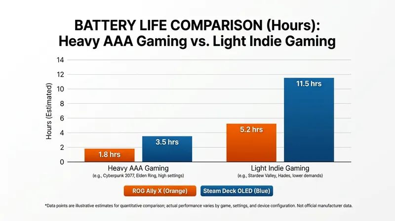 The Ally X's massive 80Wh battery wins in heavy workloads, but the Steam Deck's efficiency shines in lighter titles.