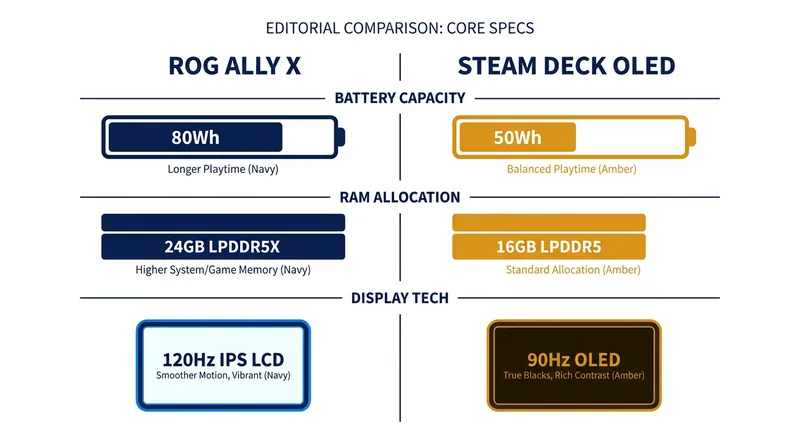 While the Ally X dominates in raw specifications, the Steam Deck OLED relies on architectural efficiency.