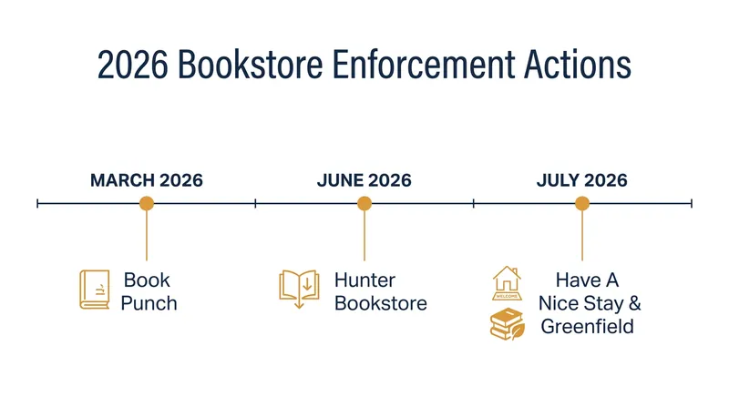 The July arrests mark the third major enforcement action against independent booksellers in 2026.