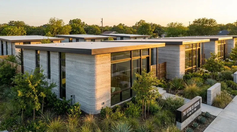 Entire neighborhoods of 3D-printed homes are now being completed, providing high-density affordable housing solutions.