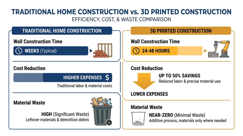 3D construction printing offers significant advantages in speed, cost, and material efficiency compared to traditional framing.