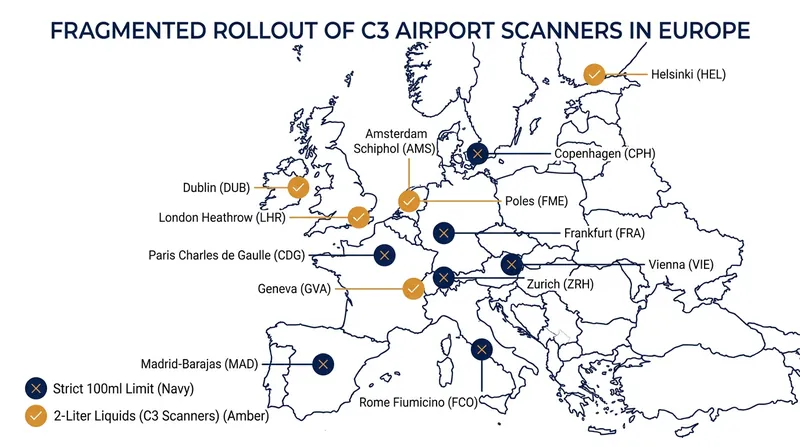 The EU's partial recertification of C3 scanners has created a confusing patchwork of liquid rules across the continent.
