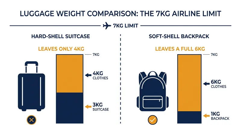 Hard-shell suitcases guarantee size compliance but consume a massive portion of strict budget airline weight limits.