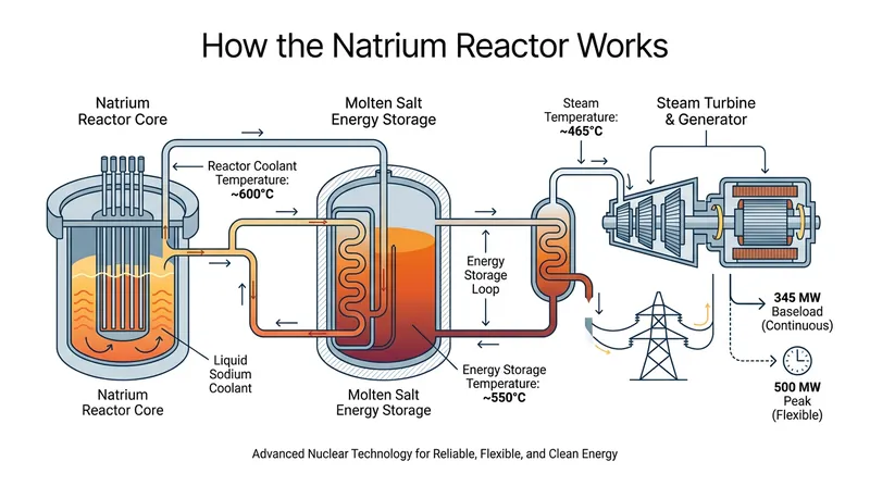 TerraPower's Natrium design uses liquid sodium for cooling and molten salt to store thermal energy, allowing it to boost electrical output during peak demand.