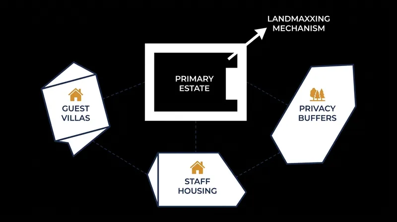 The mechanics of landmaxxing involve acquiring contiguous parcels to expand a property's footprint and enhance privacy.