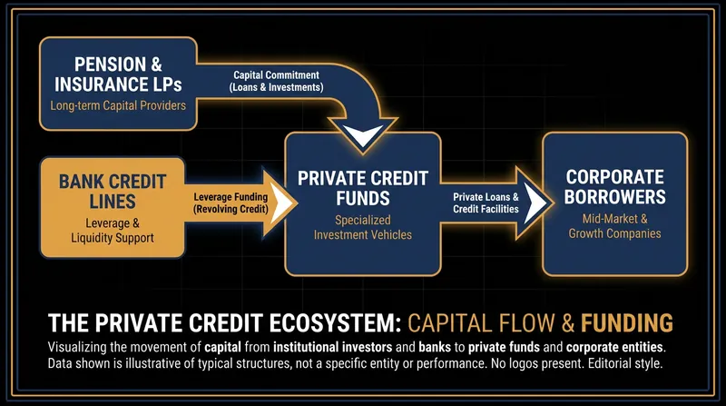 How capital flows through the shadow banking system, connecting corporate borrowers to traditional banks and insurers.