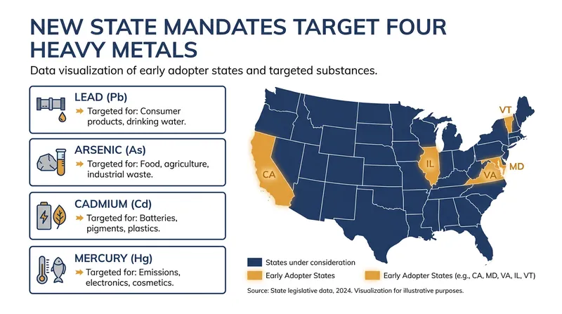 The state-by-state rollout of mandatory heavy metal testing and disclosure.