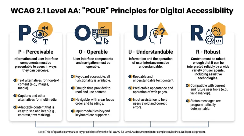 The four core principles of the Web Content Accessibility Guidelines (WCAG) 2.1 Level AA.