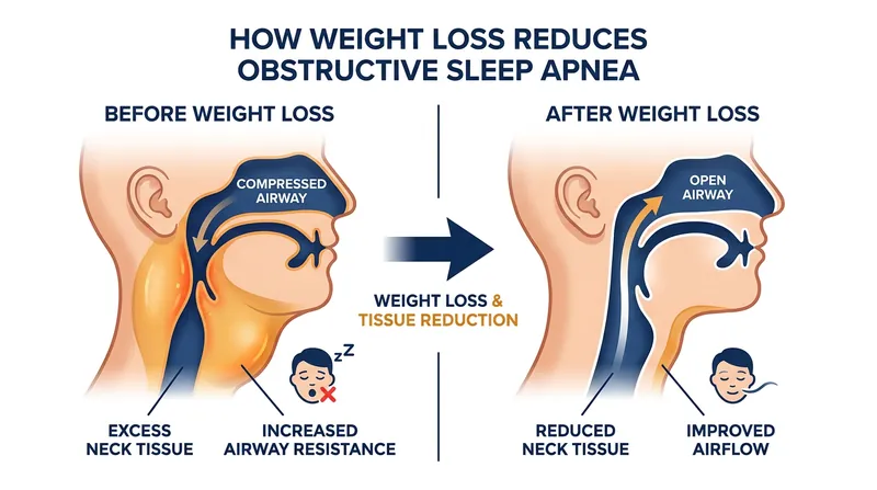 By reducing adipose tissue in the neck and upper airway, Zepbound physically relieves the structural pressure that causes breathing interruptions.