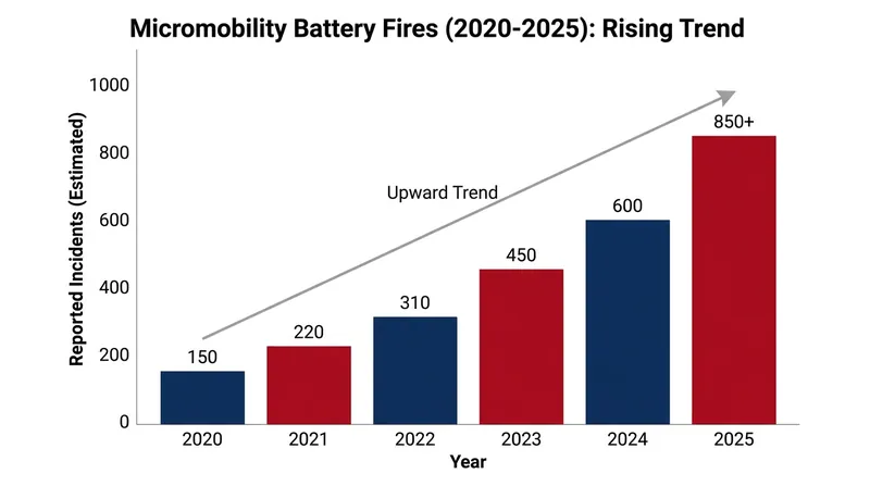 Incident data shows a sharp increase in thermal runaway events linked to uncertified lithium-ion batteries.