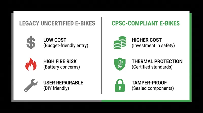 The trade-offs between legacy uncertified models and the proposed CPSC-compliant standard.