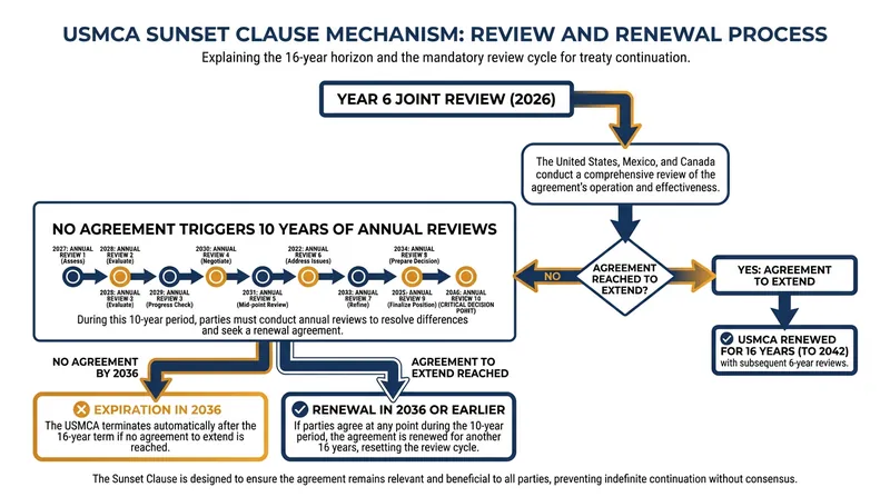How the USMCA's 16-year sunset clause and 10-year review mechanism functions.