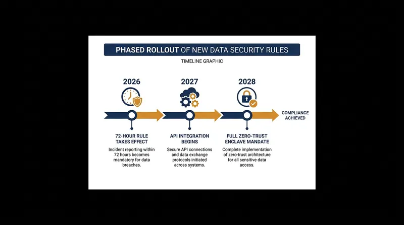 The phased implementation timeline for the new regulatory data security framework.