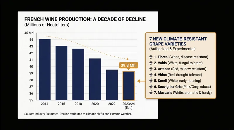 France's wine production dropped 18% to 39.3 million hectoliters, prompting the approval of new climate-resilient grapes.