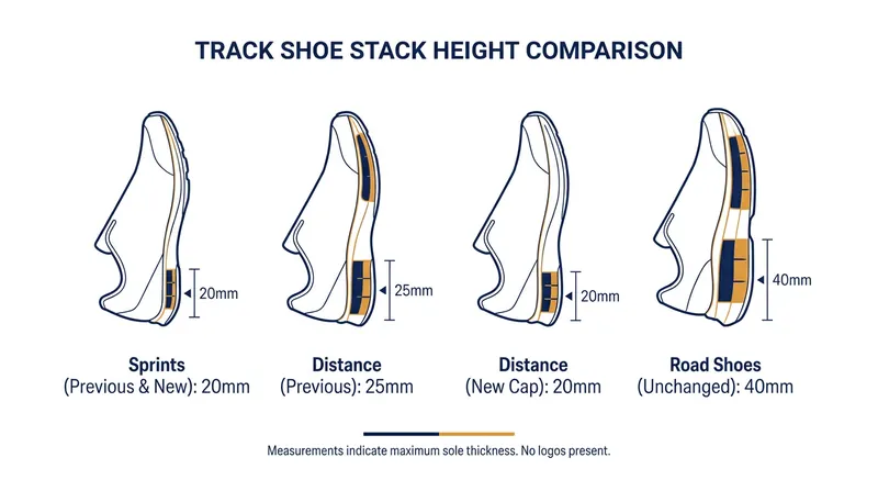 How the new World Athletics regulations alter the maximum allowable stack height for different running disciplines.