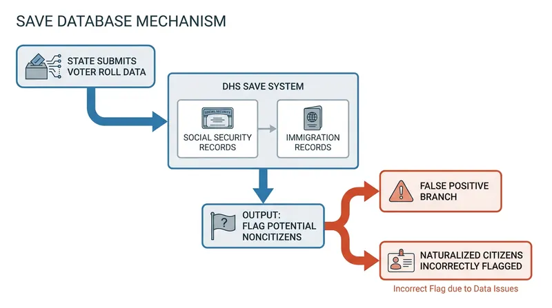 How the overhauled SAVE database processes voter rolls, and where false positives occur.