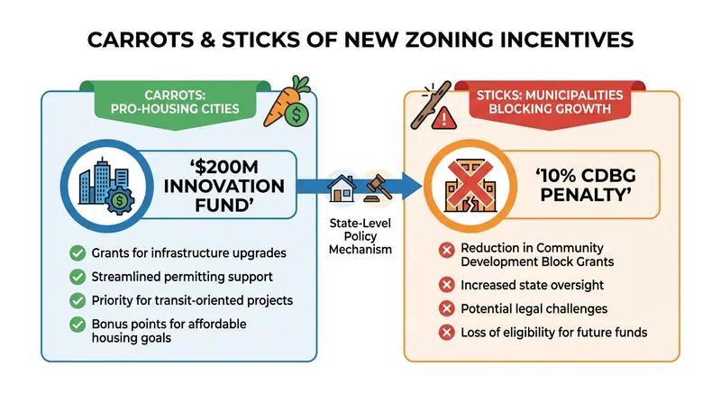 The law deploys federal incentives and penalties to push municipalities toward pro-housing zoning reforms.