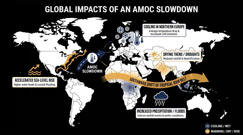 A sluggish AMOC threatens to disrupt regional climates, from European winters to West African monsoons.