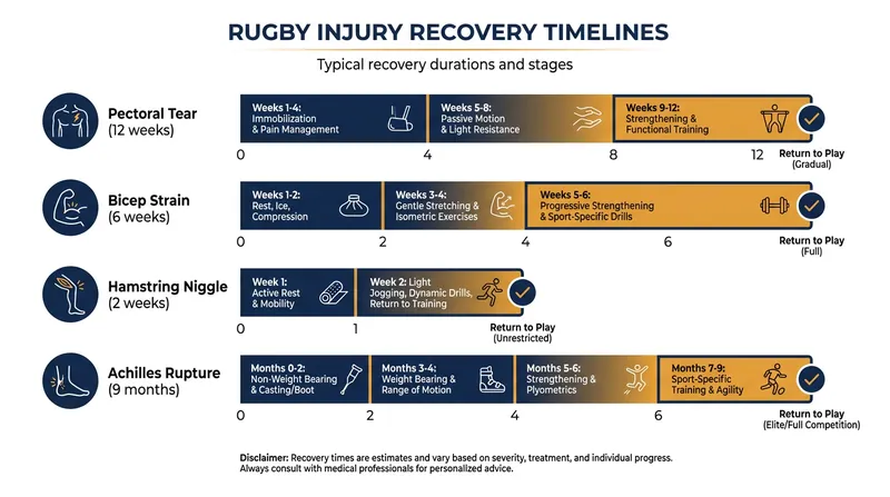 Typical recovery timelines for the severe injuries currently impacting global rugby rosters.