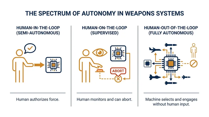 Military AI is categorized by the level of human involvement in the 'kill chain.'