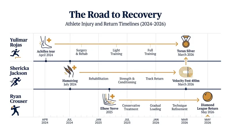 Timelines of major structural injuries for global track and field stars.