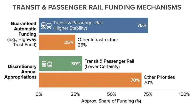 Unlike highway projects, passenger rail relies heavily on volatile annual discretionary grants.