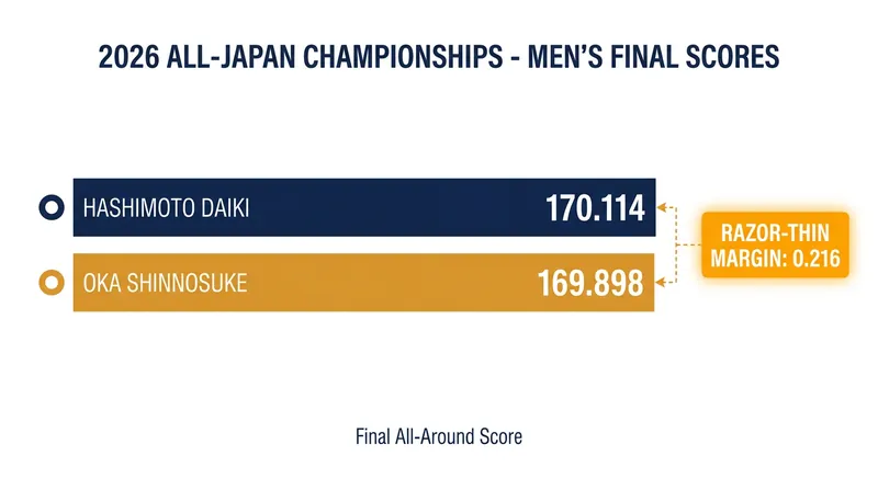 Hashimoto edged Oka by just 0.216 points to secure the 2026 All-Japan title.