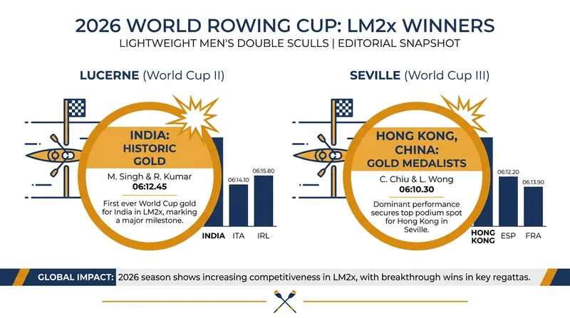 Asian nations swept the gold medals in the LM2x during the 2026 World Rowing Cup series.
