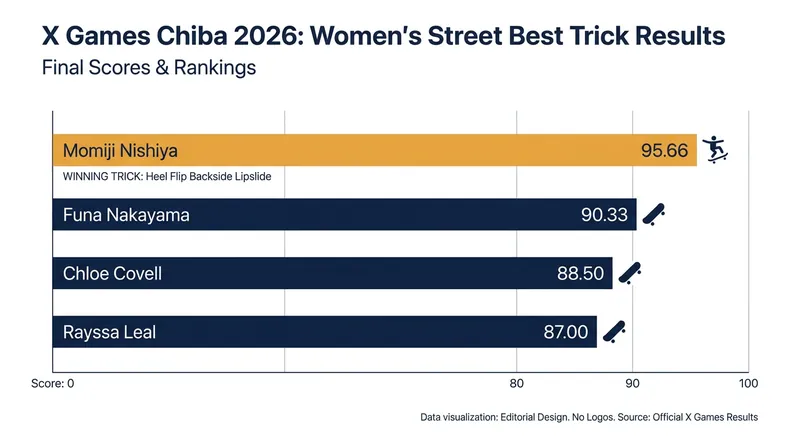 Momiji Nishiya's return to the podium was secured by an unprecedented crooked grind nollie heelflip.