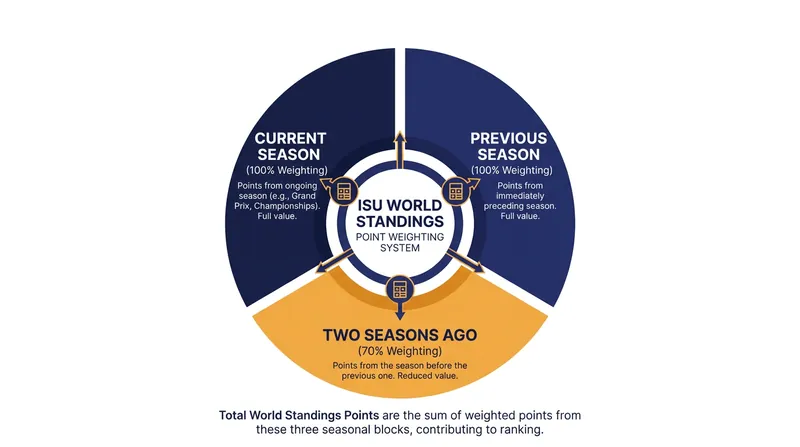 The ISU World Standings aggregate points over a rolling three-season window, rewarding long-term consistency.