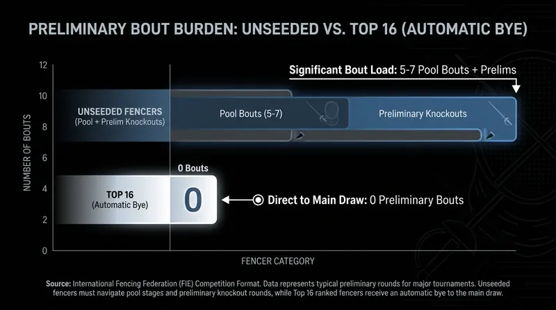 The structural advantage of the Top 16 exemption in international fencing.