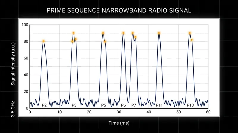 The narrowband radio signal detected from the HD-71184 system displays a mathematically regular prime number sequence, defying natural astrophysical explanations.
