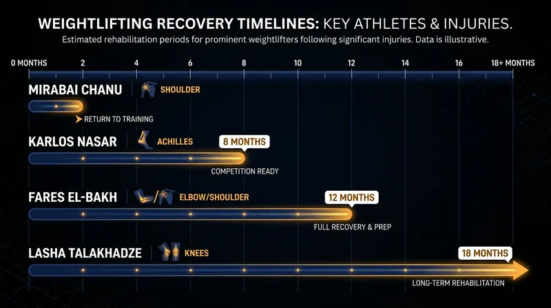 Recovery timelines for major international weightlifters returning to competition in 2026.