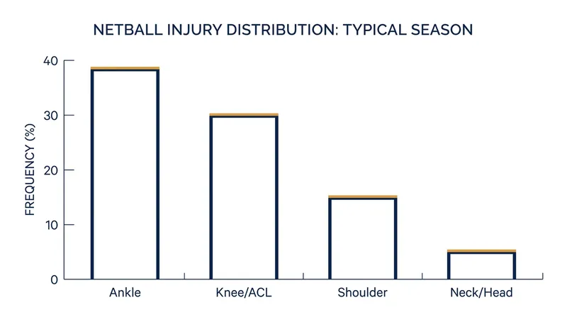 Lower-limb injuries remain the most common hurdle for elite netballers, though head and neck protocols are increasingly prioritized.