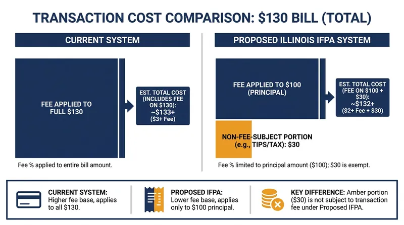 Under the Illinois law, merchants would only pay interchange fees on the base cost of goods and services, excluding taxes and gratuities.
