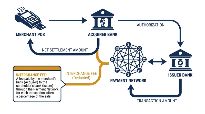 How interchange fees are deducted during the authorization and settlement of a standard credit card transaction.