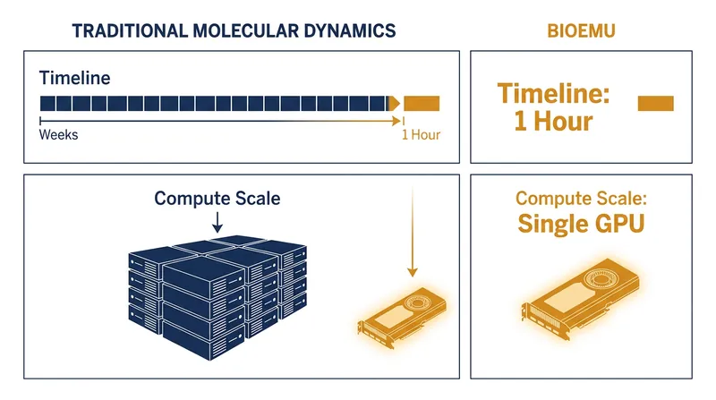 BioEmu condenses weeks of supercomputer simulation into a single hour on a standard GPU.