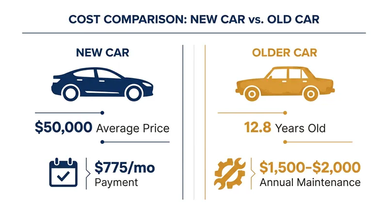 While older vehicles require more annual maintenance, the yearly cost remains a fraction of financing a new car.