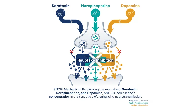 Unlike stimulants that force dopamine release, centanafadine blocks the reabsorption of three key neurotransmitters.