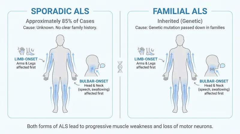 Sporadic ALS, which occurs without a known family history, accounts for the vast majority of diagnoses.