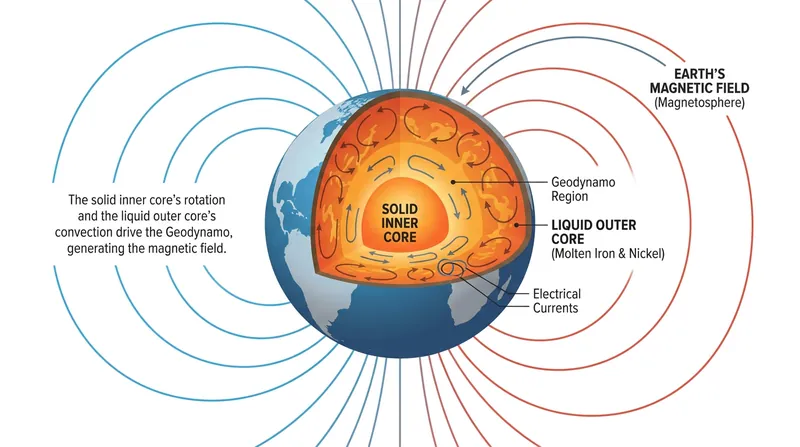 The fluid dynamics of the liquid outer core exert a physical drag on the inner core while generating the Earth's protective magnetic field.